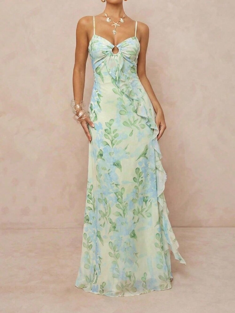 Multicolor Boho Women's Maxi Dress with Ruffle Overlay and Lace Back